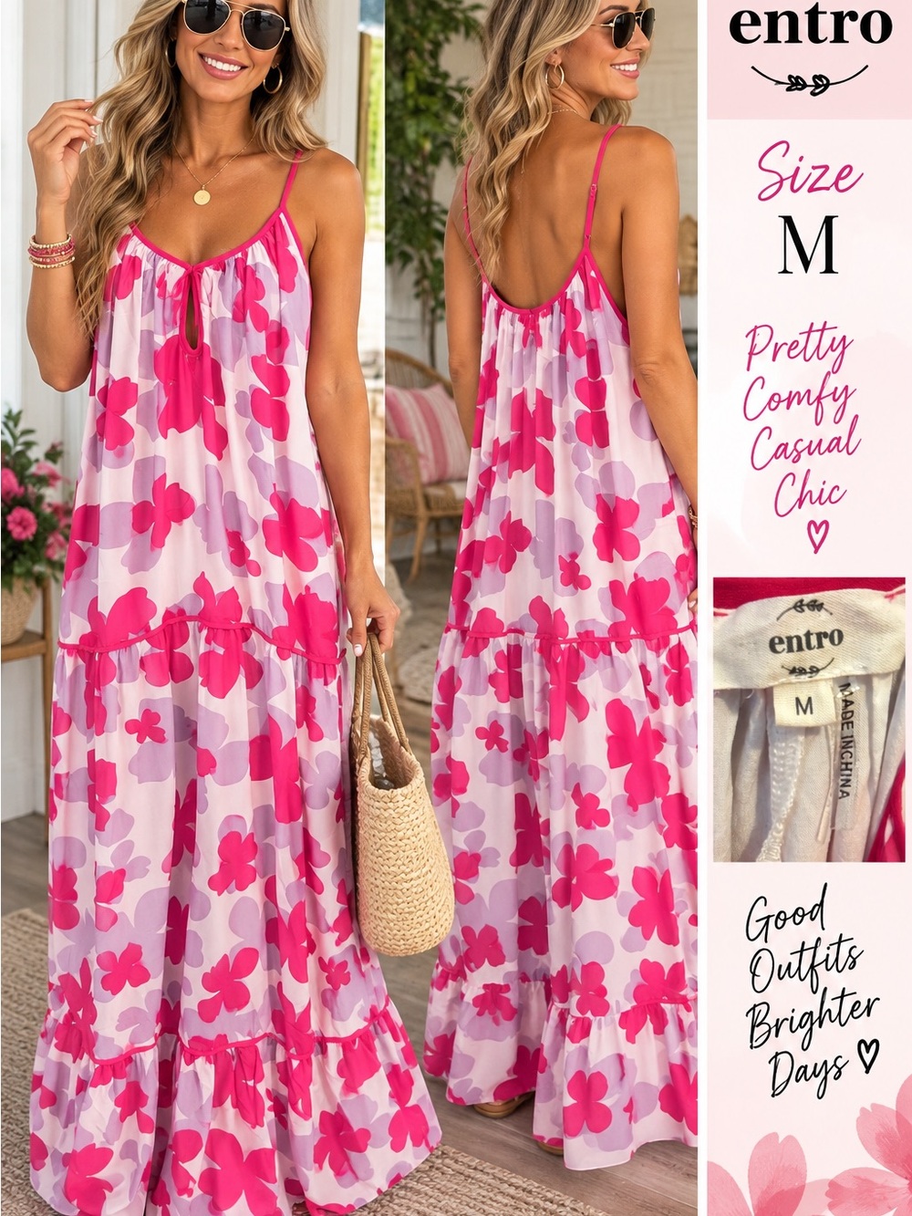 Entro Pink & Light Pink Floral Tiered Maxi Slip Dress